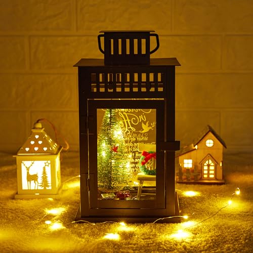 WOODEXPE Christmas in Heaven Memorial Lantern with Christmas Ornaments Set Memorial Gift for Loss of Loved One (Black)