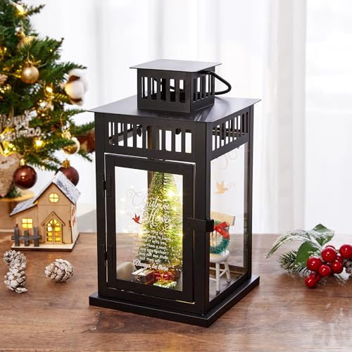 WOODEXPE Christmas in Heaven Memorial Lantern with Christmas Ornaments Set Memorial Gift for Loss of Loved One (Black)