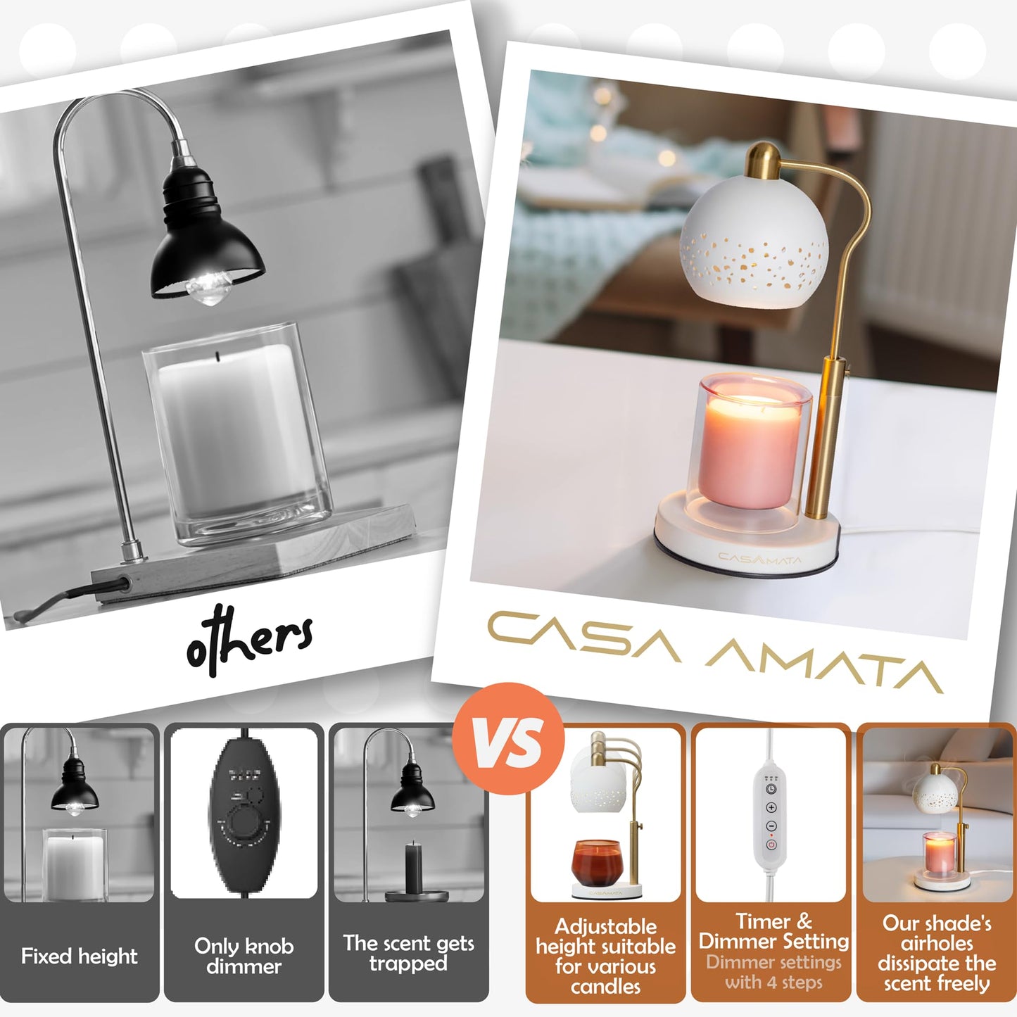 CASA AMATA® Candle Lamp - Dimmable and Height Adjustable with 2 Bulbs