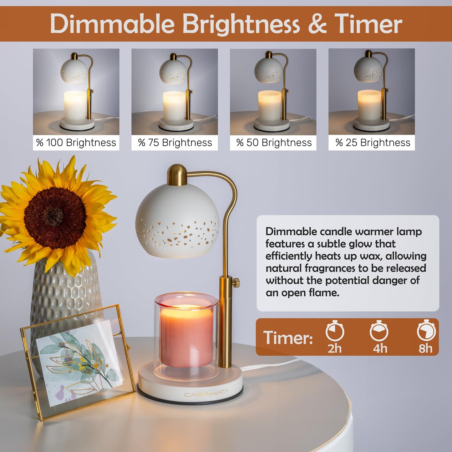 CASA AMATA® Candle Warmer Lamp with Timer - Dimmable and Height Adjustable Candle Lamp with 2 Bulbs, Compatible with Large Jar Candles, Wax Melt Warmer for Home Gifts, Candle Warmer Gift for Mom