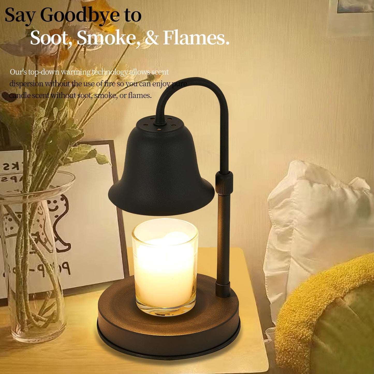 Youbetia Dimmable Candle Warmer Lamp - Height Adjustable Candle Warmer, Candle Lamp for Large Size Jar Candles, Electric Candle Wax Warmer Lamp with 2 Bulbs(Black)